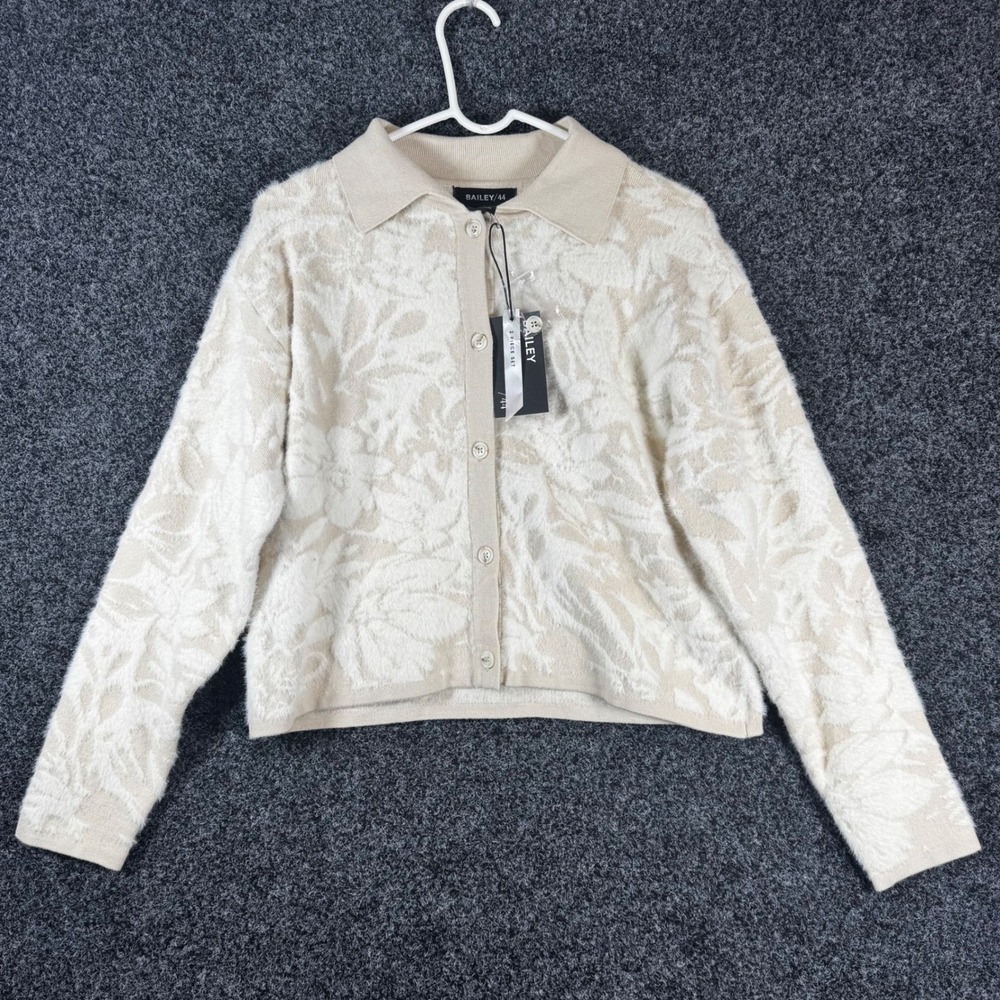 Bailey/44 Womens Beige Floral Eyelash Knit Collared Button Cardigan Sweater Sz M